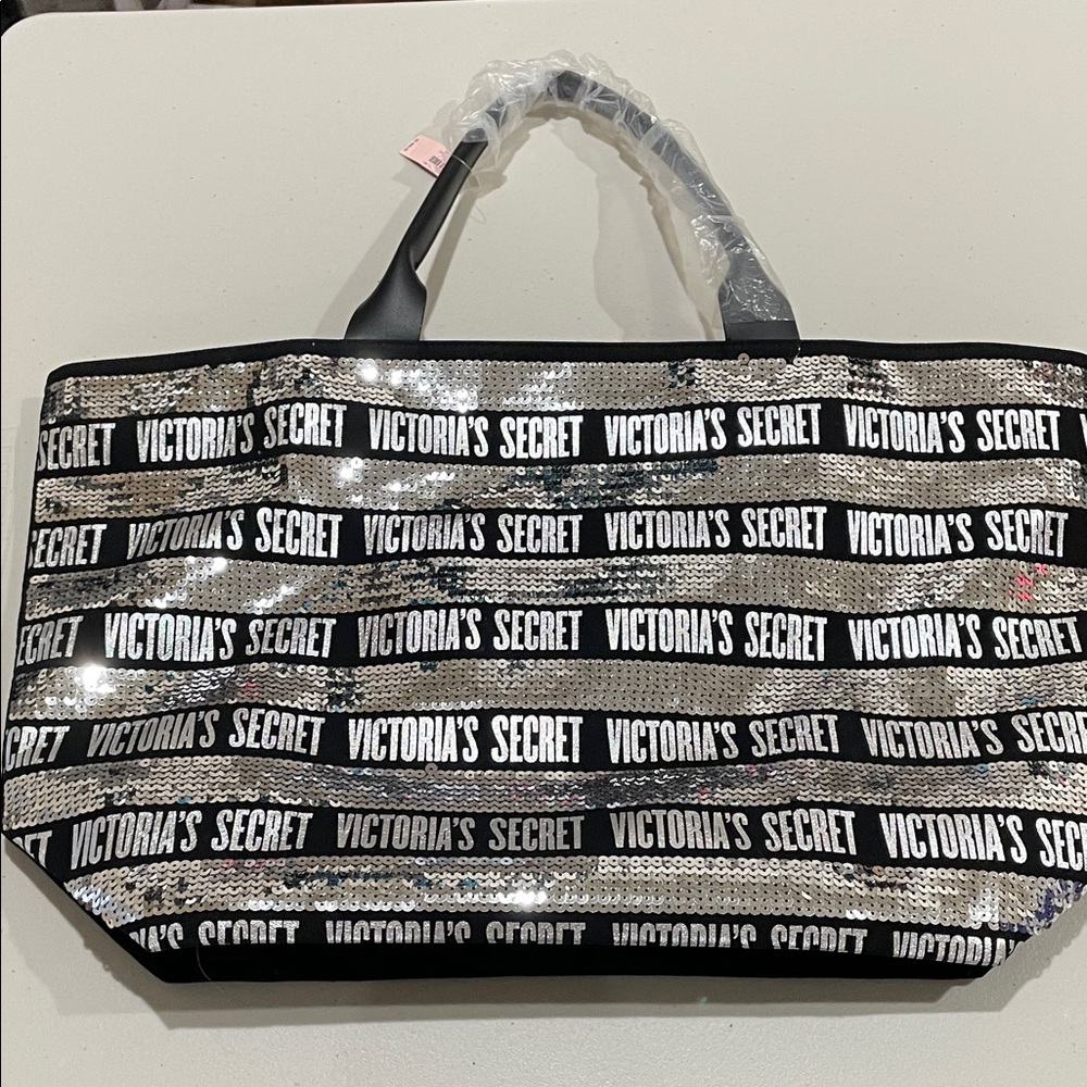 Victoria's Secret Black and Silver Sequin Tote with Black Wristlet